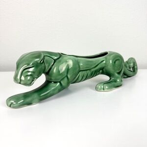 Vintage MCM Ceramic Panther Planter Green Glossy Glaze